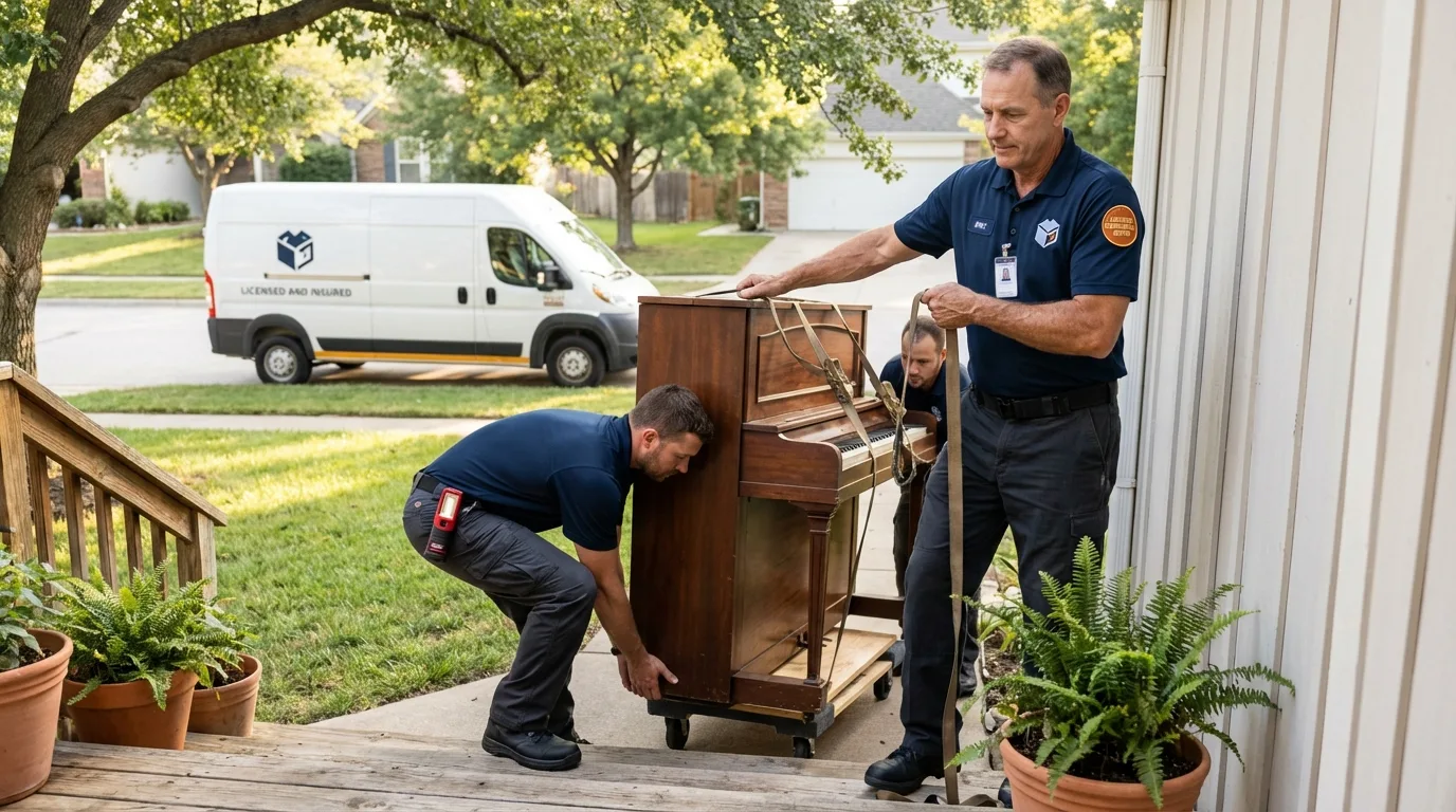 Licensed piano movers securing grand piano in Cedar Bluff, AL