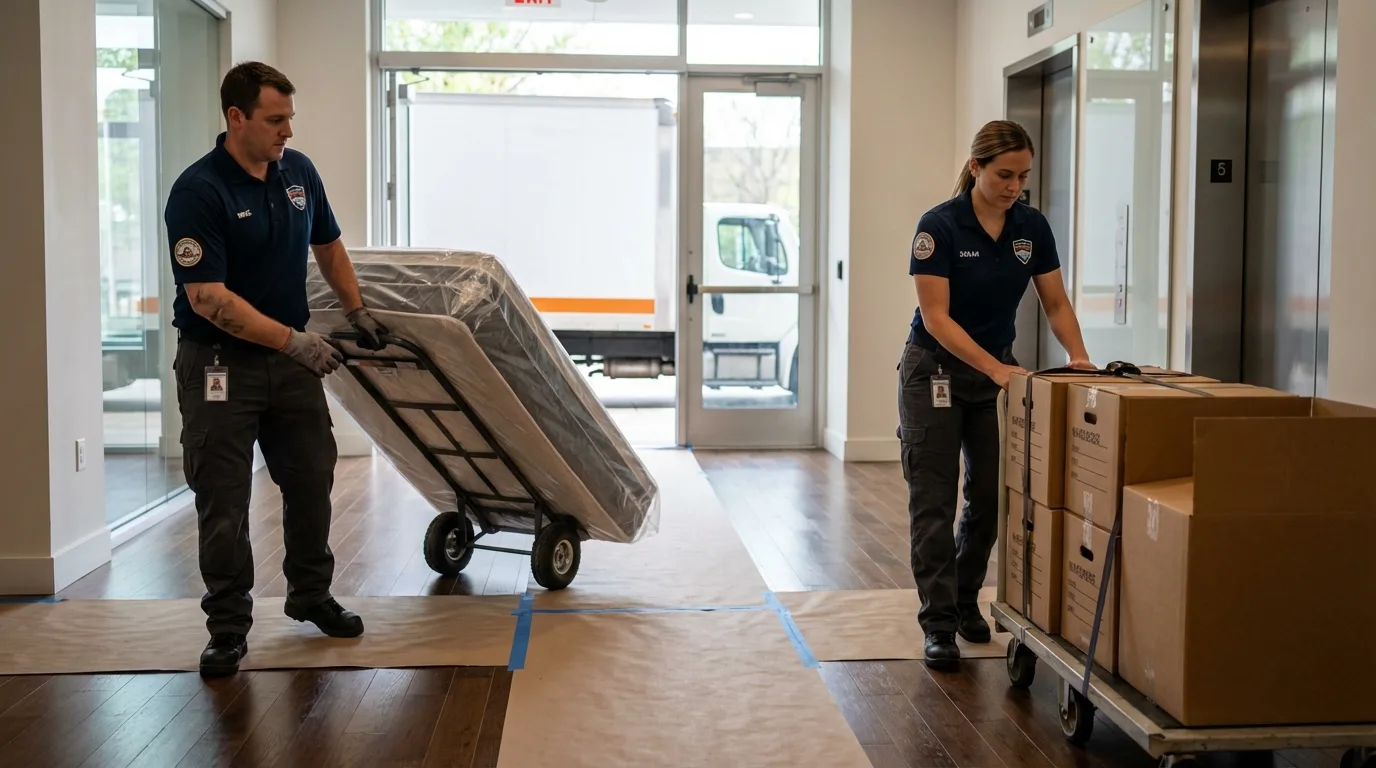 Professional apartment movers loading elevator in Cedar Bluff, AL